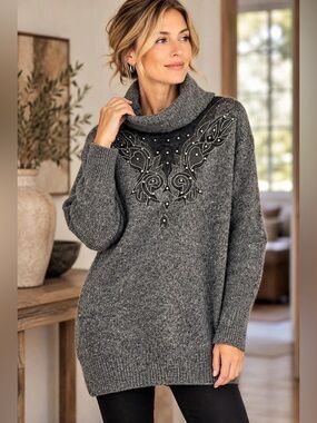 Vintage I.B. Diffusion Silk Angora Sweater M Studded Appliqué Tunic Western Boho